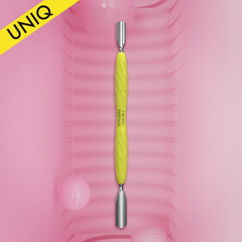 Empurrador de cutícula para manicure Gummy com cabo de silicone amarelo UNIQ 10 TYPE 1 (empurrador arredondado largo e empurrador arredondado estreito)