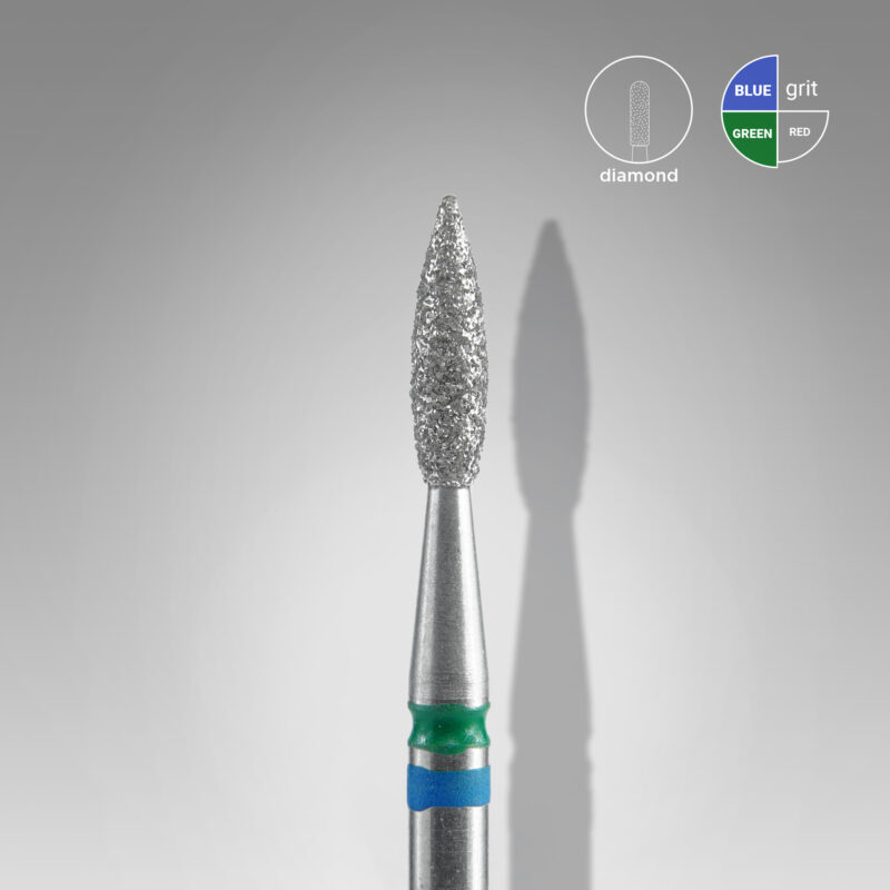 DUO broca diamantada para pele "chama" azul-verde EXPERT diâmetro 2,1 mm, parte útil 8 mm (divisível por 10)